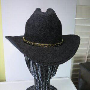 Vintage Black Western Felt Hat w tags gold braided band TEXAS HAT CO